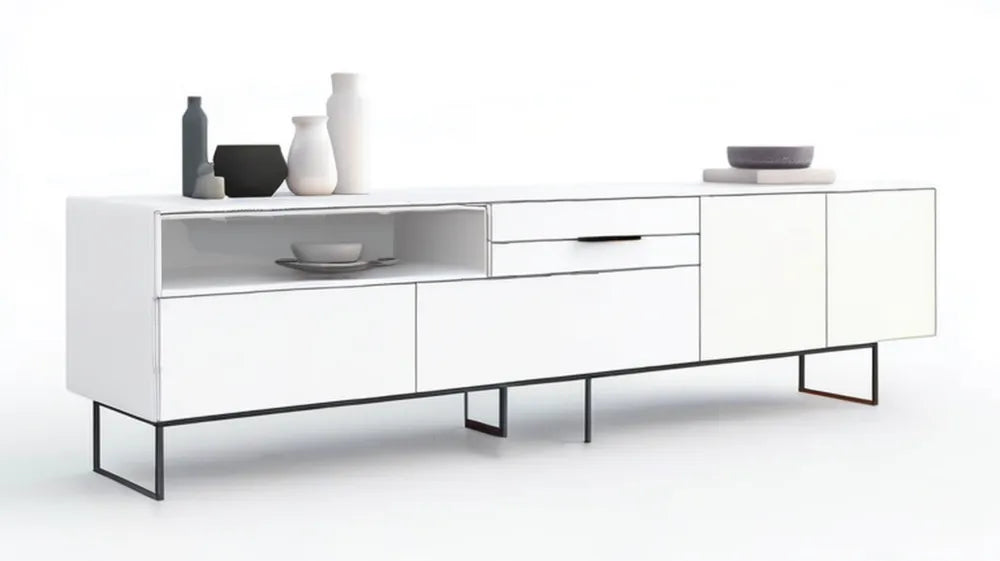 Biały matowy kredens MDF 200 × 45 × 80 cm z 4 drzwiczkami, 2 szufladami i czarnymi stalowymi nogami