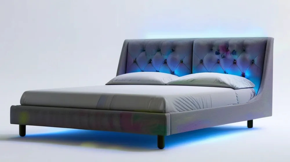 Szare tapicerowane łóżko dwuosobowe z oświetleniem LED RGB, 160 x 200 cm