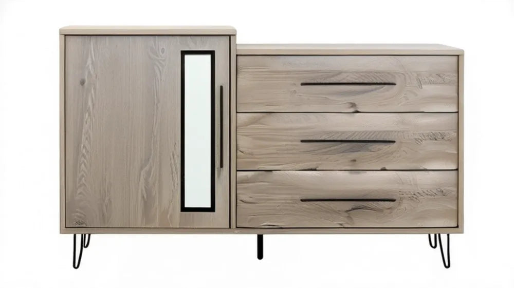 Kredens z litego drewna dębowego z lustrem i 3 szufladami, jasny dąb/czarny, 150 x 40 x 85 cm