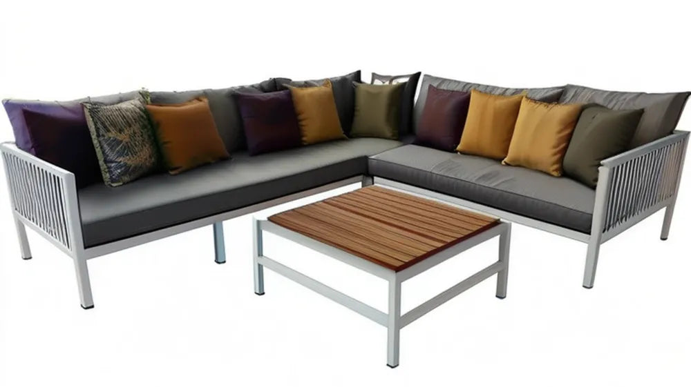 Aluminiowy narożnik ogrodowy w kształcie L 260 × 260 × 75 cm ze stolikiem 110 × 60 × 45 cm, szaro-brązowy