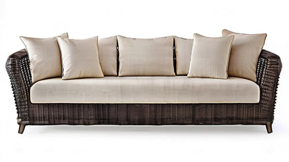 3-osobowa sofa ogrodowa z technorattanu PE, ciemnobrązowa z beżowymi poduszkami, 220 x 85 x 78 cm