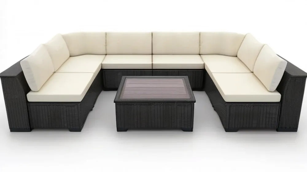 Modułowy zestaw ogrodowy w kształcie U z technorattanu PE, czarny z kremowymi poduszkami, 280 x 210 x 70 cm, 8 elementów