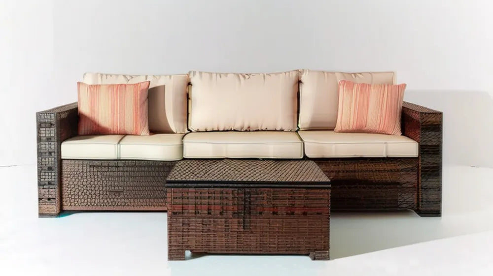 3-osobowa sofa ogrodowa z technorattanu PE ze stolikiem, brązowo-beżowo-łososiowa, 210 × 75 × 80 cm