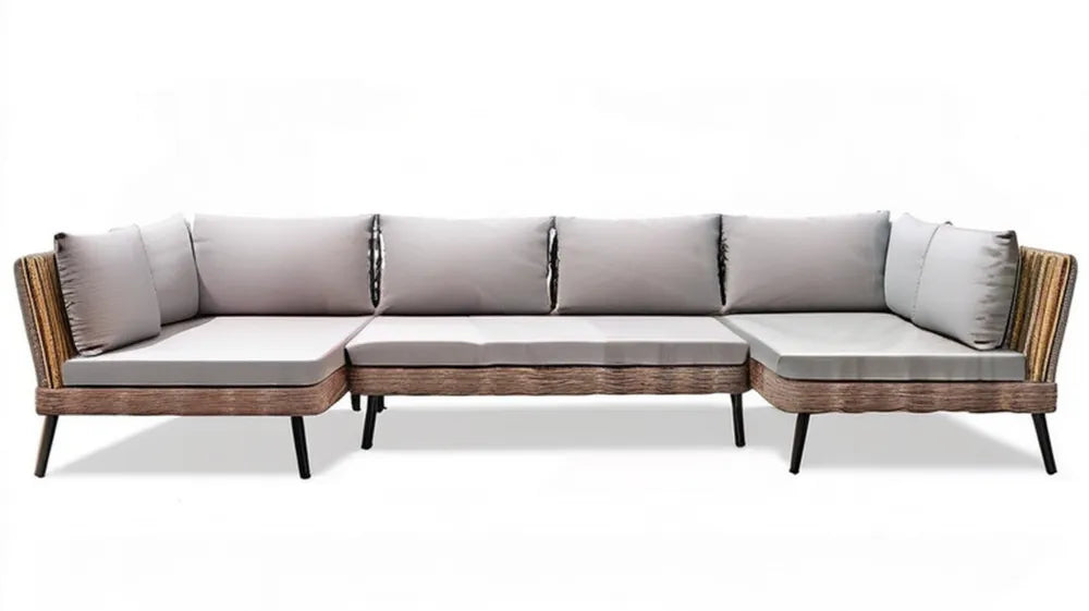 Modułowa sofa ogrodowa z technorattanu PE, brązowo-beżowo-czarna, 300 x 75 x 70 cm