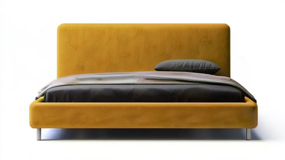 Musztardowe łóżko dwuosobowe z aksamitną tapicerką i srebrnymi nogami, 160 x 200 cm