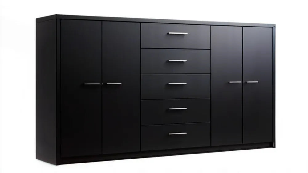 Czarny kredens z płyty laminowanej 180 x 40 x 90 cm, 4 drzwi i 5 szuflad