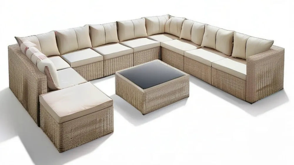 Modułowy zestaw wypoczynkowy z technorattanu w kształcie U, beżowo-kremowy z czarnym blatem, 310 × 240 × 65 cm