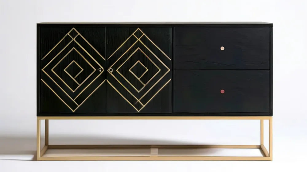 Czarna komoda MDF ze złotą stalową podstawą, 160 x 40 x 85 cm