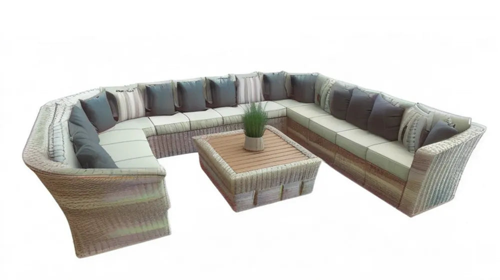 Beżowo-kremowo-brązowy narożny zestaw mebli ogrodowych z technorattanu 300 x 230 x 85 cm ze stolikiem