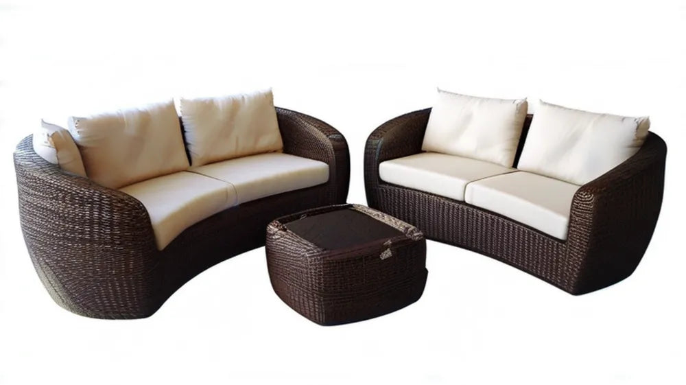 Brązowo-kremowy zestaw wypoczynkowy z technorattanu PE – 2 sofy 150 × 80 × 70 cm i stolik 85 × 50 × 40 cm