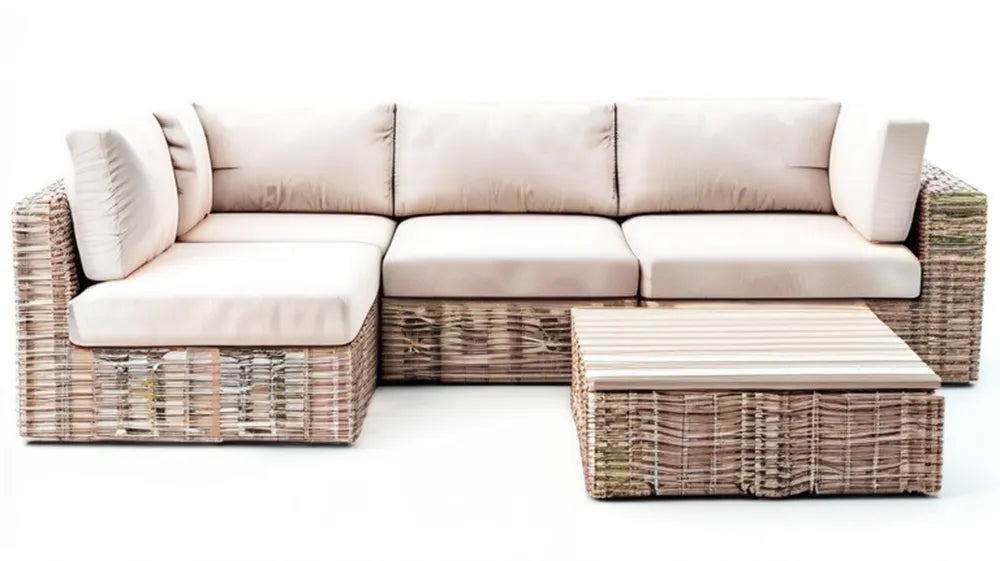 4-częściowy narożny zestaw wypoczynkowy z technorattanu PE 250 x 150 x 70 cm, beżowo-brązowy z kremowymi poduszkami