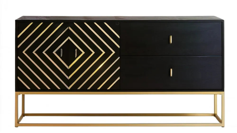 Kredens czarno-złoty z MDF i stali, 160 x 40 x 85 cm