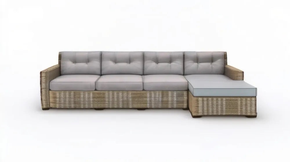 Ogrodowa sofa narożna z technorattanu PE z prawostronnym szezlongiem, szaro-beżowa, 280 x 160 x 65 cm
