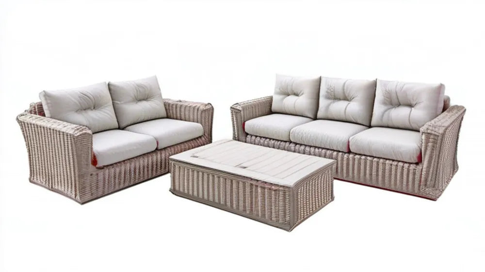 Beżowo-jasnoszary zestaw wypoczynkowy z technorattanu: sofa 3-osobowa 220 × 85 × 76 cm, sofa 2-osobowa i stolik