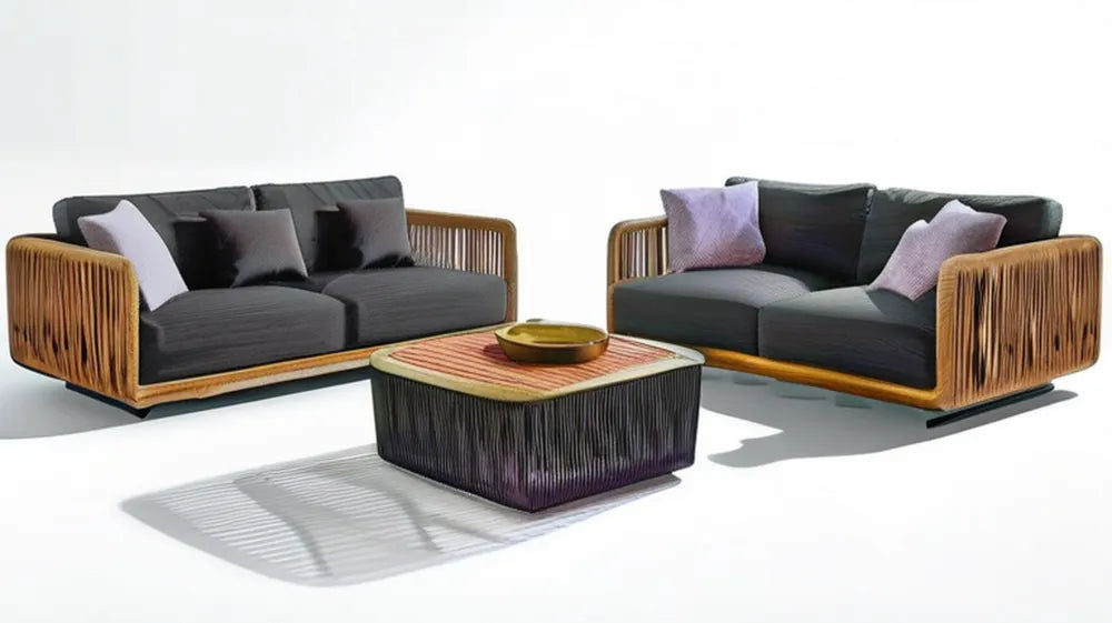 Zestaw ogrodowy z 2 sofami i stolikiem kawowym, aluminium i plecionka PE, czarno-brązowo-fioletowy, sofy 180 x 80 x 75 cm