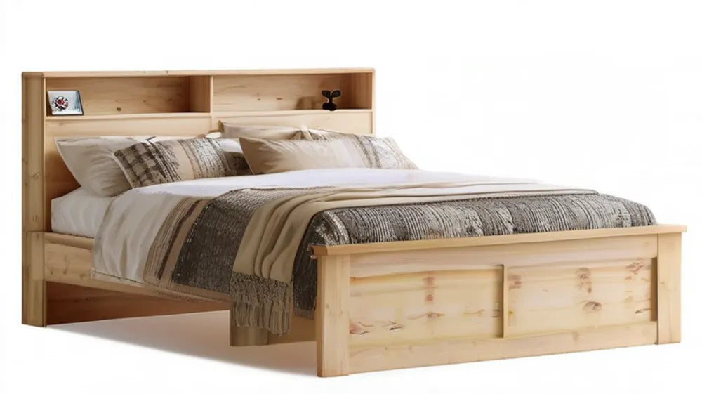 Dwuosobowe łóżko z litego drewna sosnowego 160 x 200 cm z półkami i szufladami, naturalne