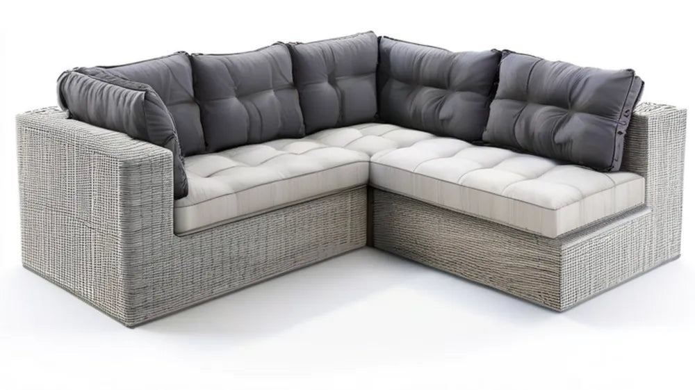Narożna sofa ogrodowa z technorattanu jasnoszara/ciemnoszara 220 x 220 x 85 cm z poduszkami