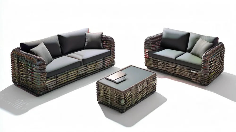 Ogrodowy zestaw mebli z technorattanu PE Brązowy/Szary/Ciemnoszary – sofa 3-osobowa 210 x 85 x 75 cm, sofa 2-osobowa 160 x 85 x 75 cm, stolik 110 x 60 x 45 cm