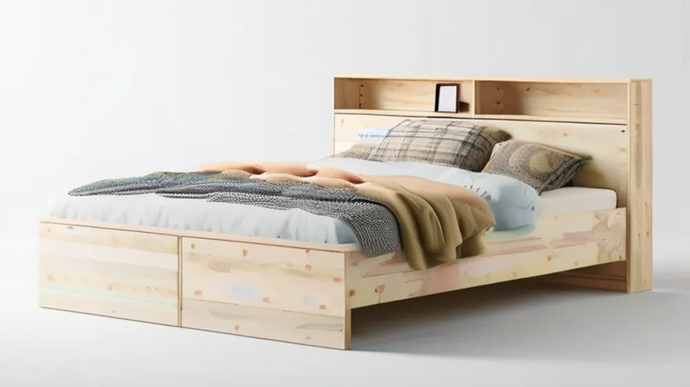 Łóżko z litego drewna sosnowego 160 x 200 cm z 2 szufladami i półkami, naturalne