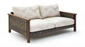 Dwuosobowa sofa ogrodowa z drewna eukaliptusowego i technorattanu, ciemnobrązowa z kremowymi poduszkami, 140 x 75 x 78 cm