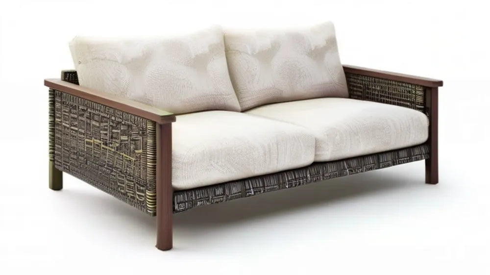 Dwuosobowa sofa ogrodowa z drewna eukaliptusowego i technorattanu, ciemnobrązowa z kremowymi poduszkami, 140 x 75 x 78 cm