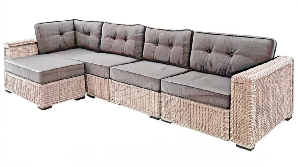 Modułowa narożna sofa ogrodowa z technorattanu PE szarobeżowa z szarymi poduszkami 260 × 190 × 70 cm
